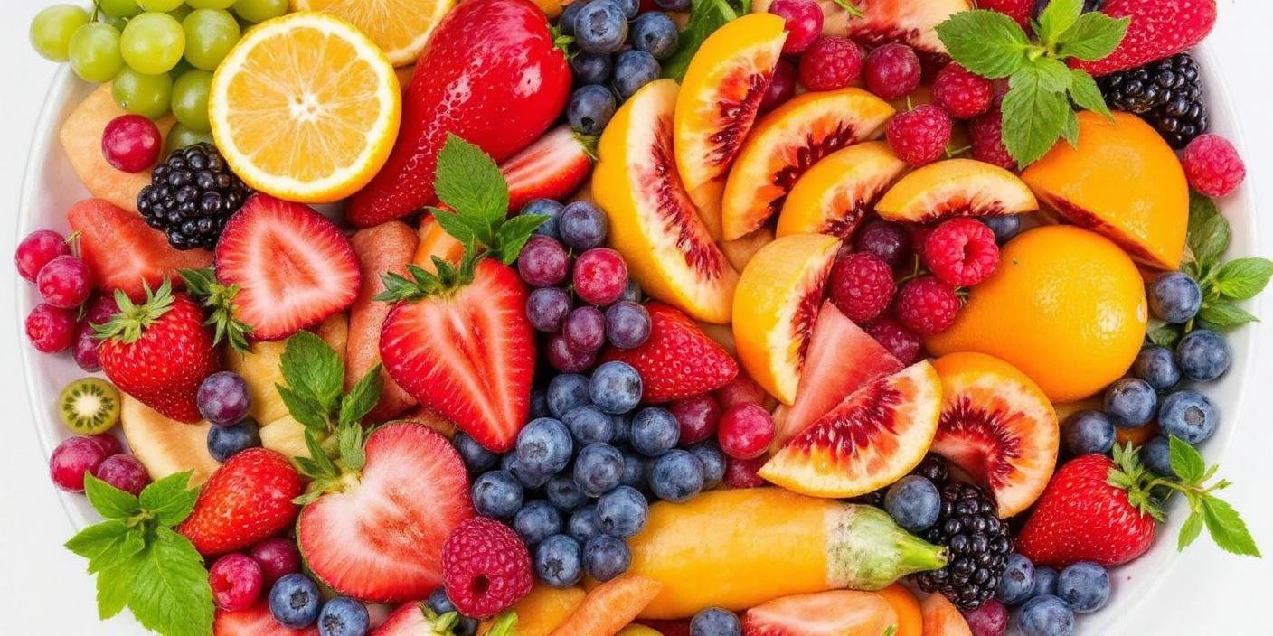 Frutas y verduras frescas brillando sutilmente.