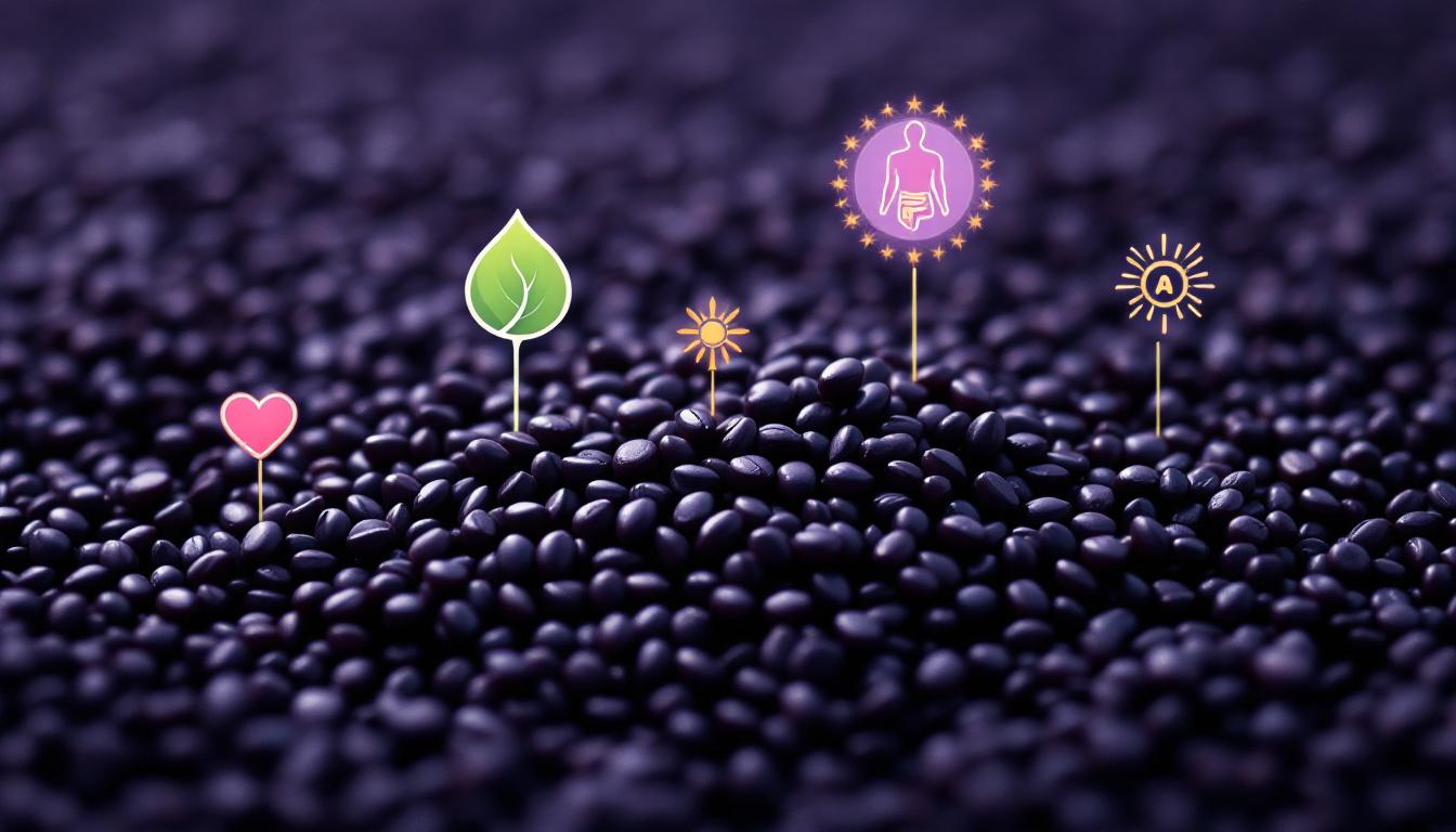 Ilustración de arroz negro con símbolos de corazón, intestino y piel.