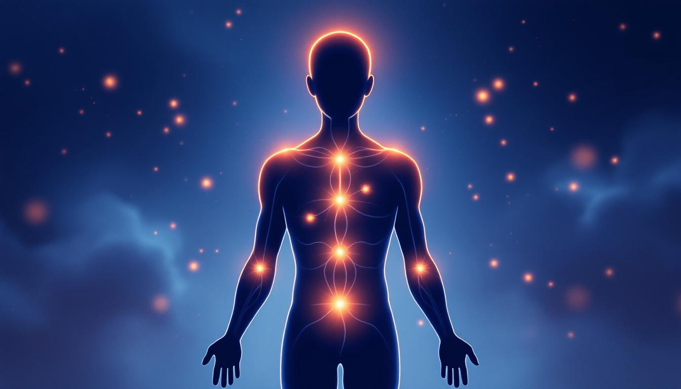 Representación de la energía fluyendo a través de meridianos en el cuerpo.
