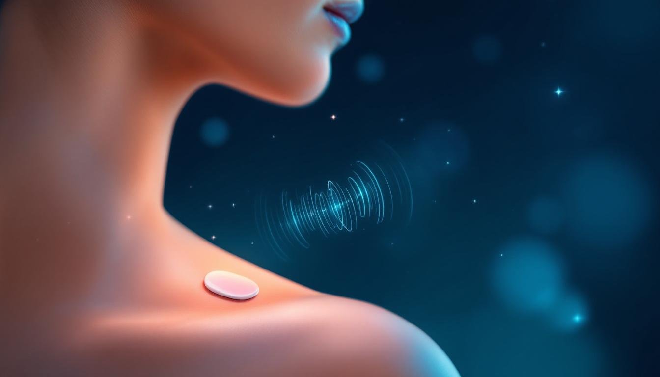 Representación de un parche LifeWave en la piel emitiendo ondas de luz.