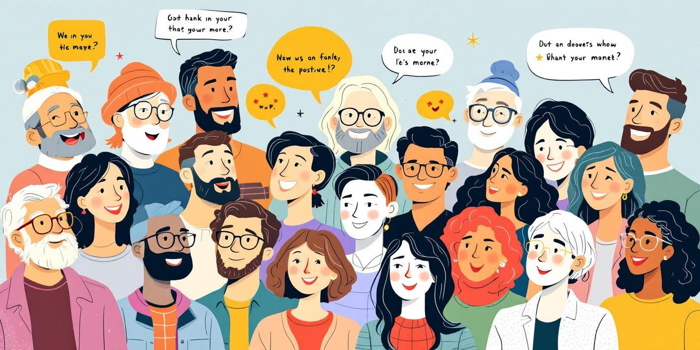 Grupo de personas diversas con burbujas de diálogo.