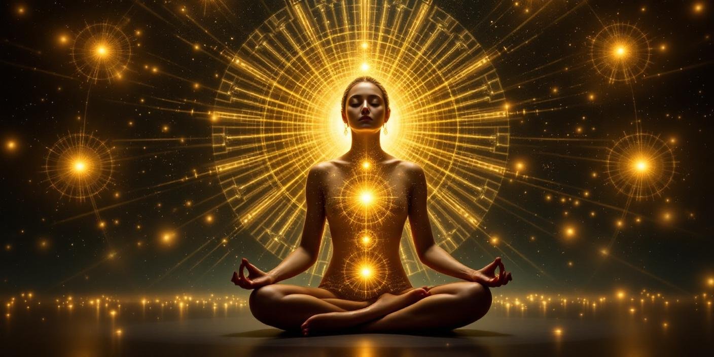 Persona meditando con un aura de luz.